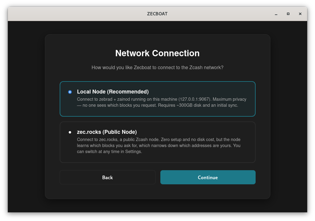 Choosing between a local node and the zec.rocks public node