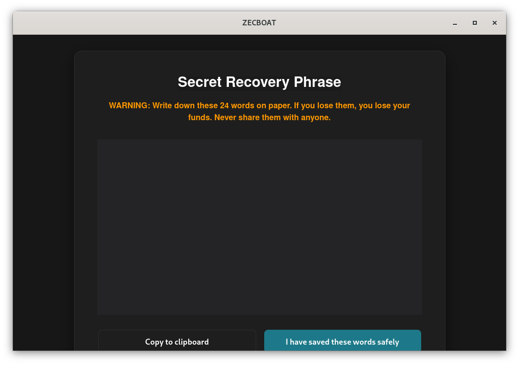 The 24-word recovery phrase screen, words blanked out in this documentation