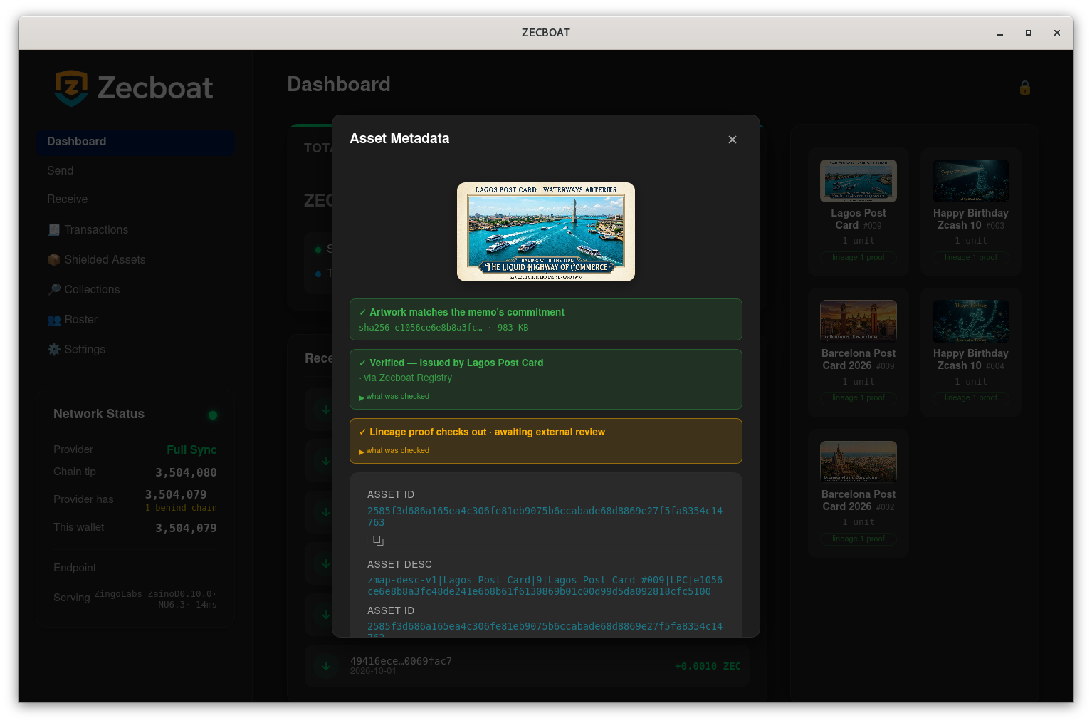 Asset metadata for Lagos Post Card #009 in Zecboat 0.7.1: ✓ artwork matches the memo’s commitment, ✓ Verified, issued by Lagos Post Card via Zecboat Registry, and in amber: lineage proof checks out, awaiting external review
