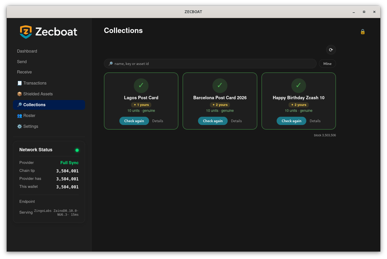 The Zecboat 0.7.1 Collections view: Lagos Post Card, Barcelona Post Card 2026 and Happy Birthday Zcash 10, each 10 units, ✓ genuine, with the postcards you hold marked