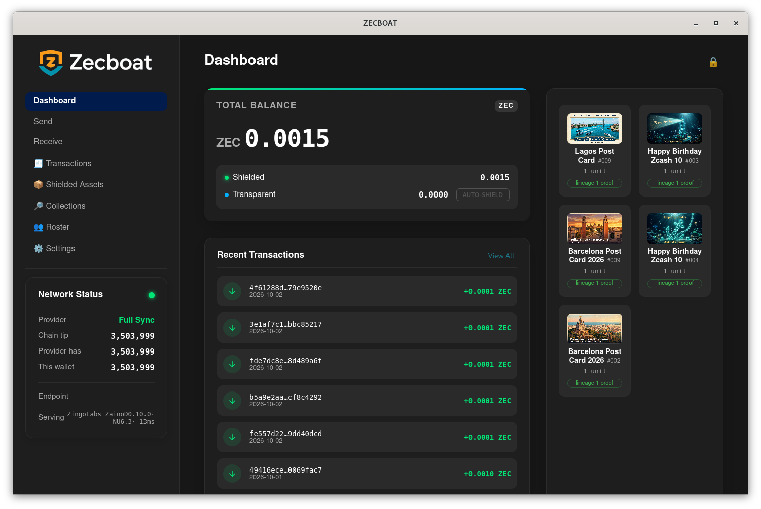 The Zecboat 0.7.1 dashboard: total balance, recent transactions, the postcards held with their lineage proofs, and network status