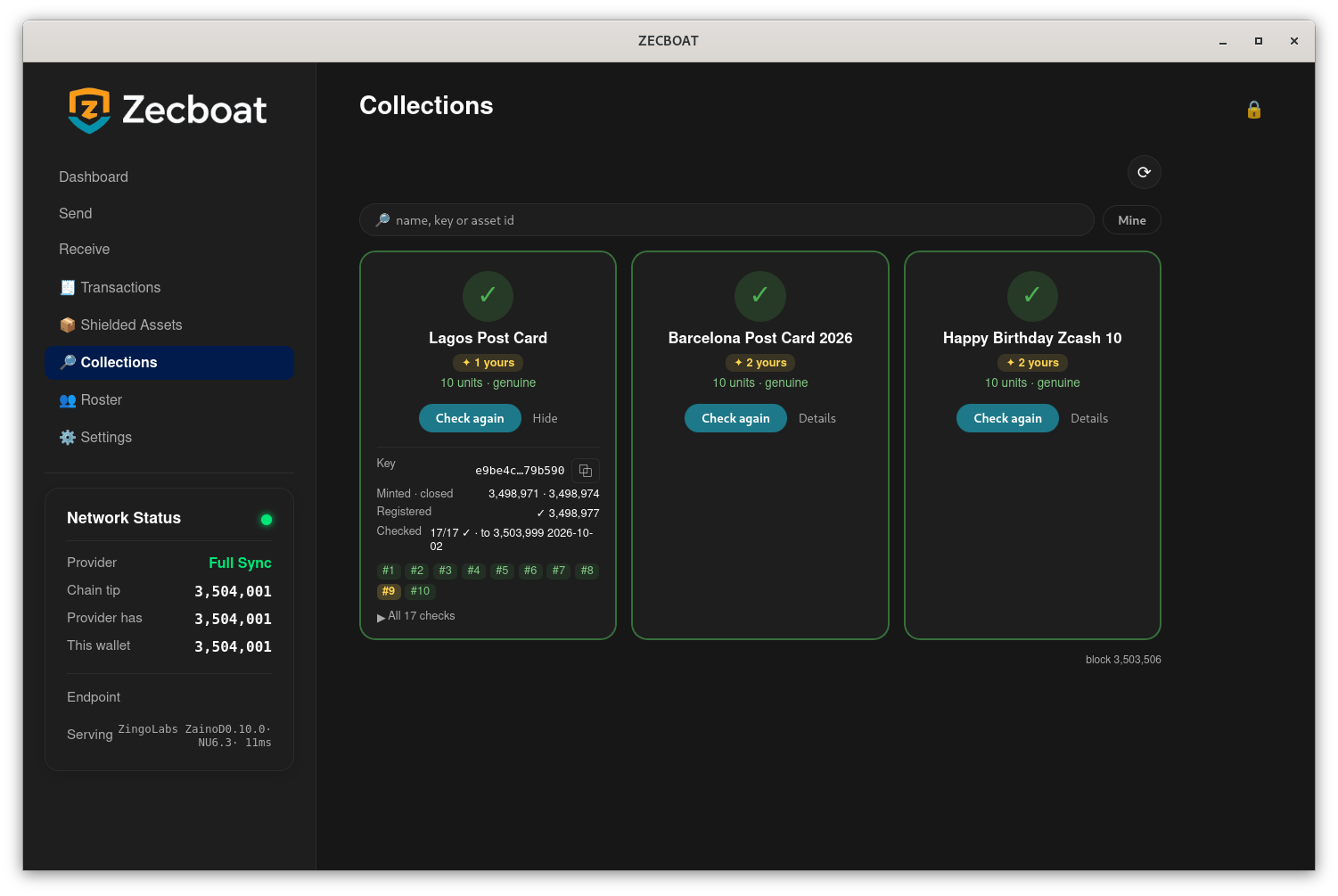 Lagos Post Card checked in the Zecboat 0.7.1 wallet: collection key, minted and closed blocks, registered block, 17 of 17 checks passed