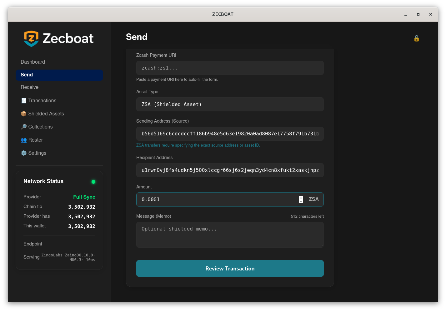 The Zecboat 0.7.1 Send screen, set to send a shielded asset