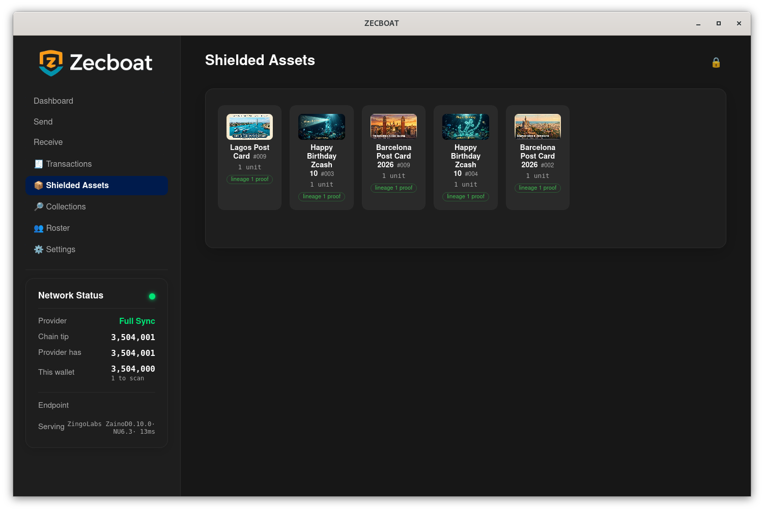 The Zecboat 0.7.1 Shielded Assets view: five postcards held, each one unit with its lineage proof